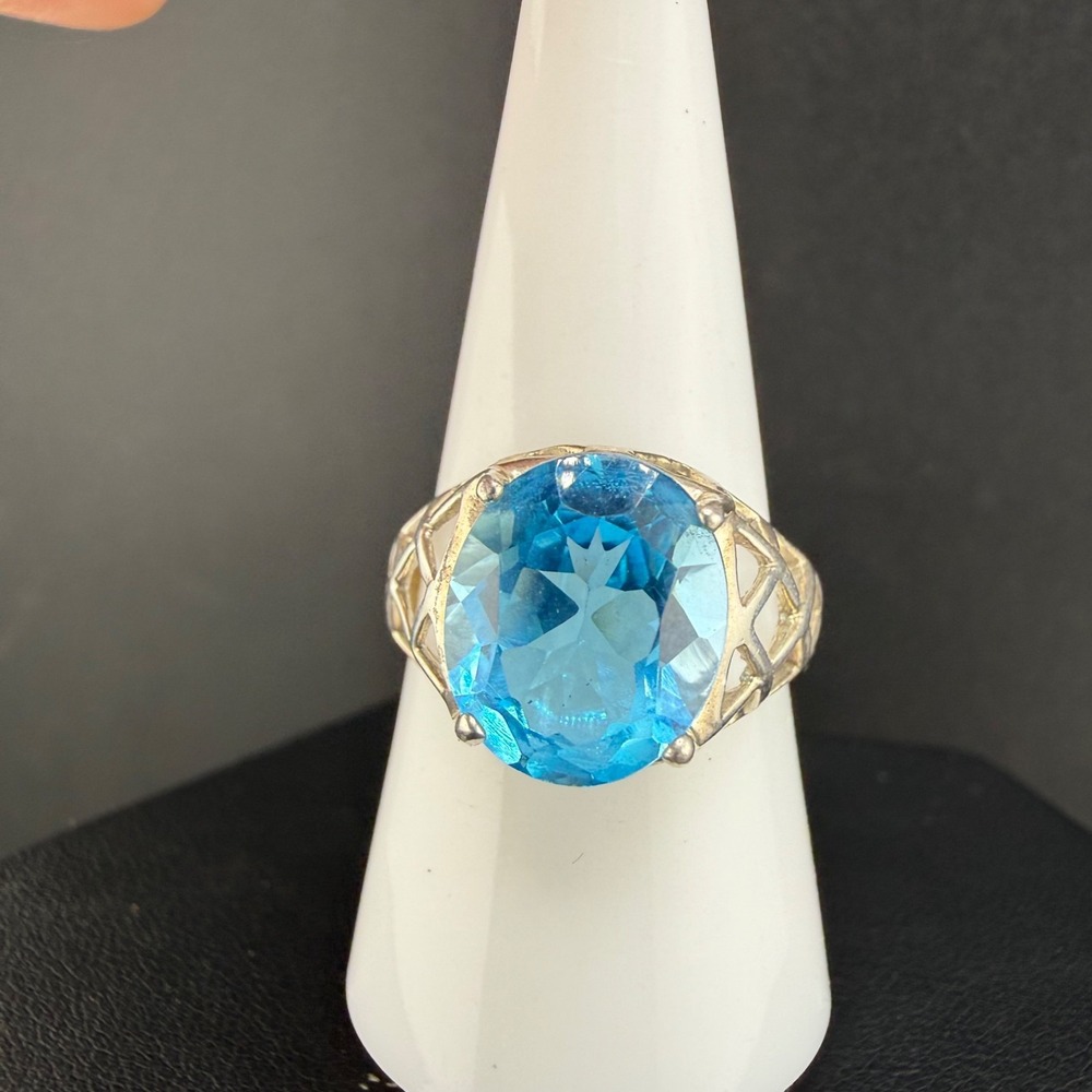 Estate Cocktail Ring Aqua Rhinestone Silver Tone Lattice Size 9